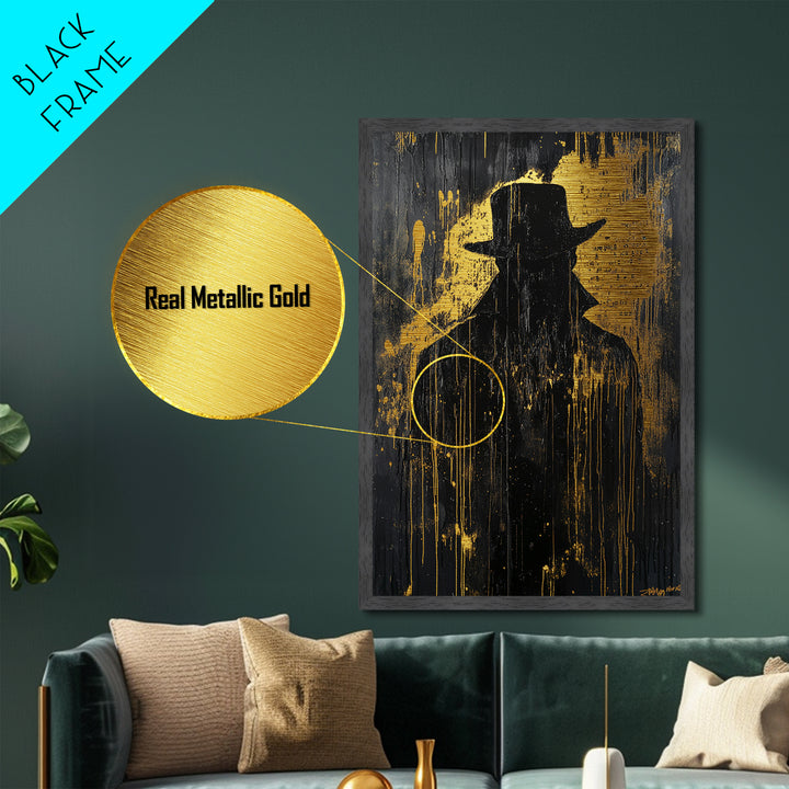 Dark Shadow Figure Metallic Gold Art Metal Art Creepy Horror Halloween Haunted Wall Decor in premium real wood frame
