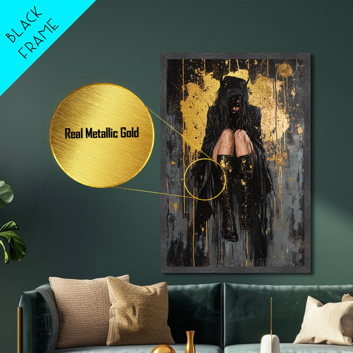 Moody Gothic Girl in Hood Metallic Gold Art Metal Art Spooky Season Haunted Halloween Wall Hanging with natural wood frame