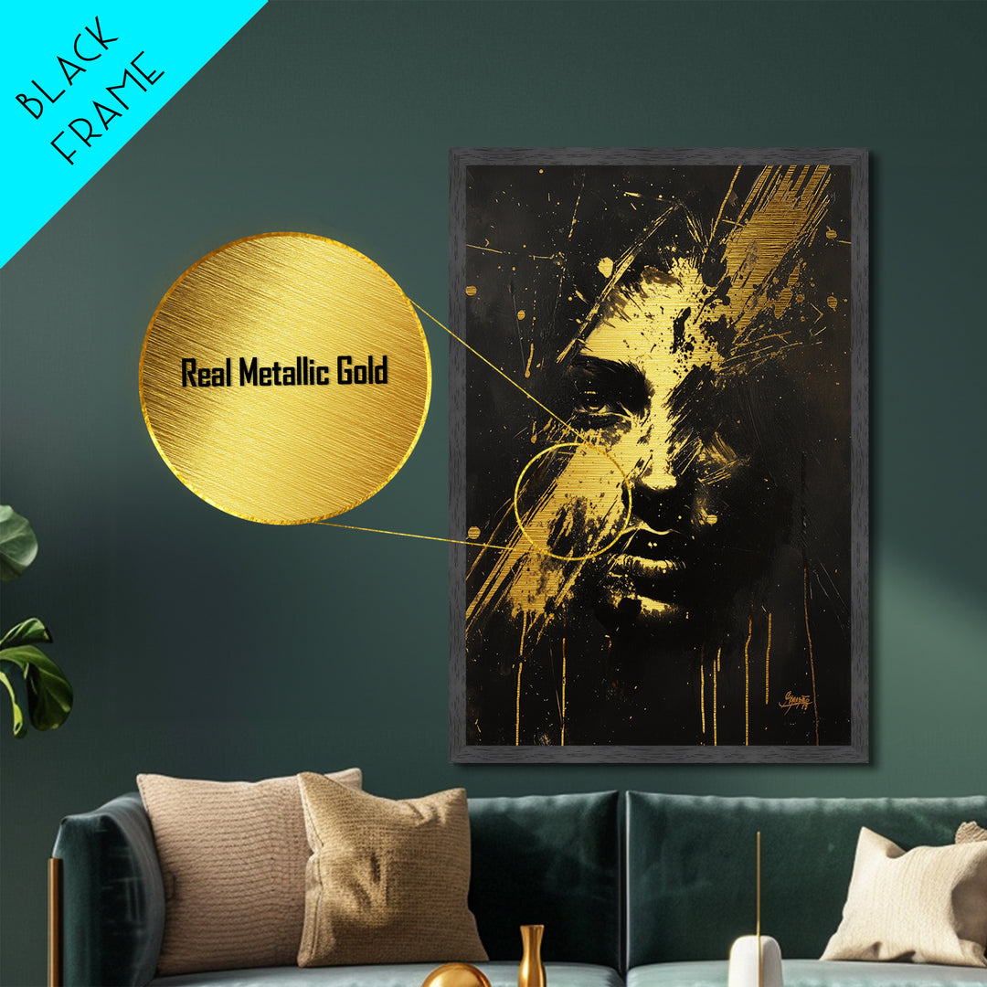 Abstract Haunted Face Metallic Gold Art Metal Art Spooky Horror Gothic Halloween Wall Print framed in genuine wood