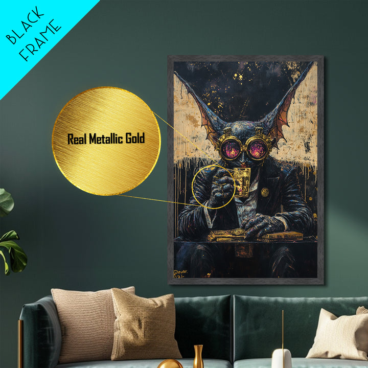 Gothic Bat Creature Drinking Whiskey – Metallic Gold Art, Spooky Season Metal Art, Framed in Real Wood for Halloween Decor