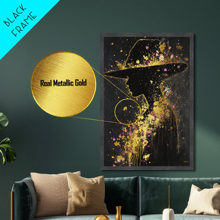 Haunting Silhouette with Floral Hat – Halloween Metallic Gold Art, Spooky Metal Art on Canvas, Natural Wood Frame Wall Hanging