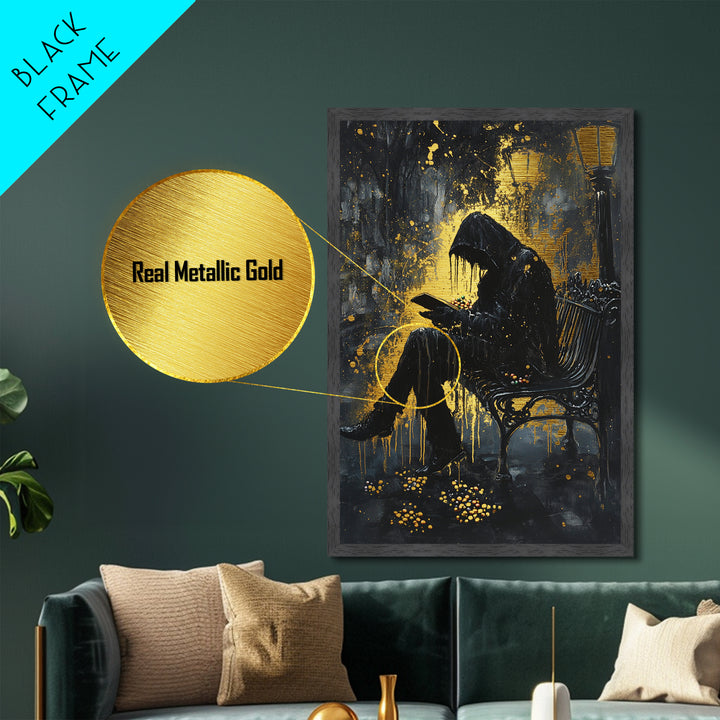 Creepy Hooded Figure Reading in Park – Metallic Gold Art, Haunted Gothic Metal Art, Spooky Wall Art in Real Wood Frame