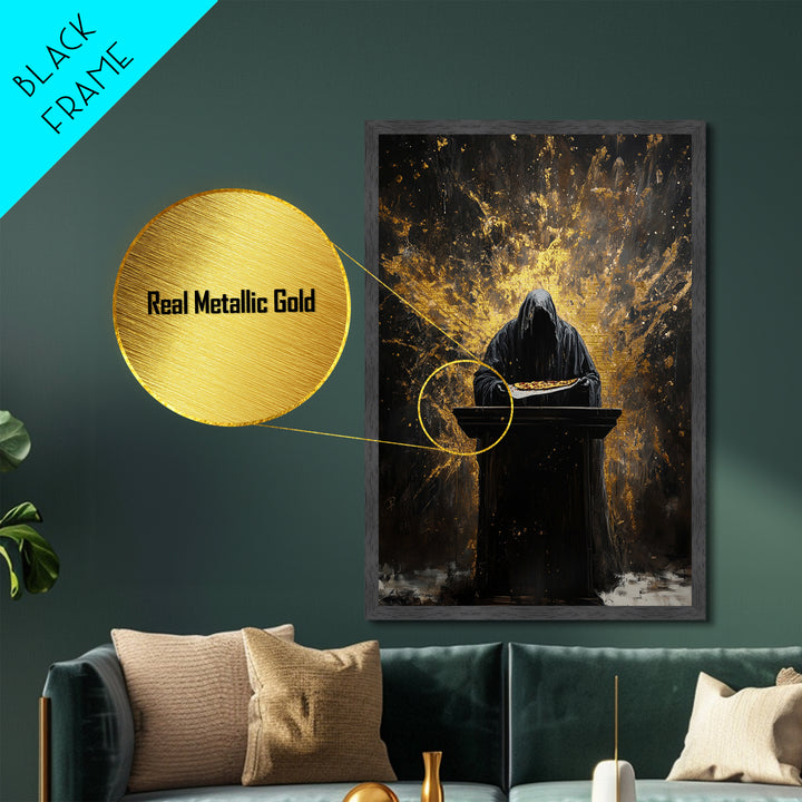 Dark Hooded Reaper Offering Pizza, Gothic Horror Metallic Gold Art, Haunted Season Metal Art in handcrafted wood frame