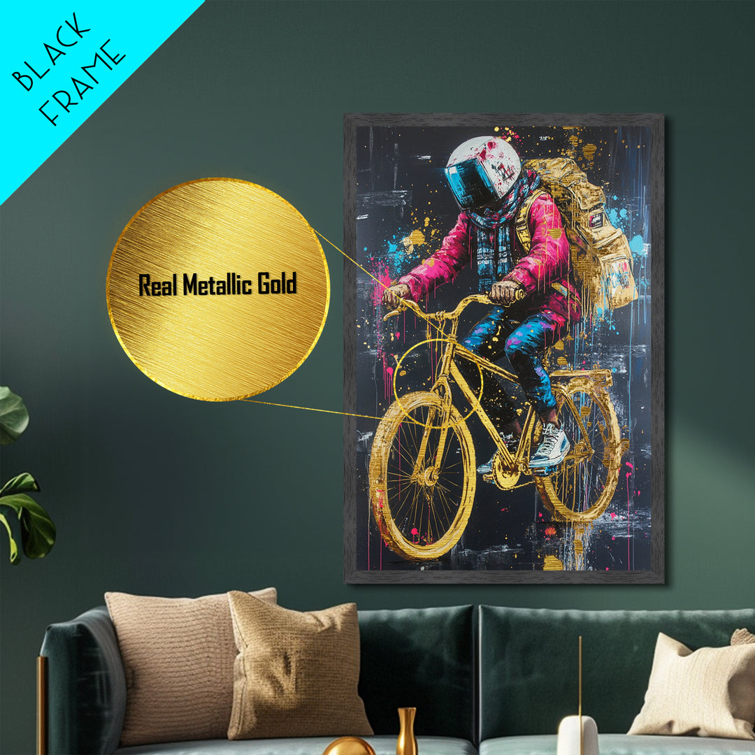 Astronaut Biker in Neon Drips – Halloween Metallic Gold Art, Surreal Spooky Season Metal Art, Real Wood Frame Gothic Decor