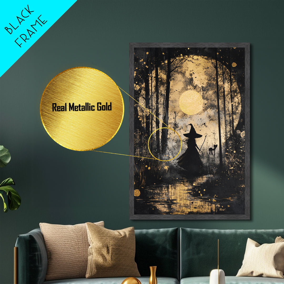 Witch in Forest with Cat and Moon – Metallic Gold Art, Halloween Spooky Metal Art, Gothic Wall Art Framed in Natural Wood