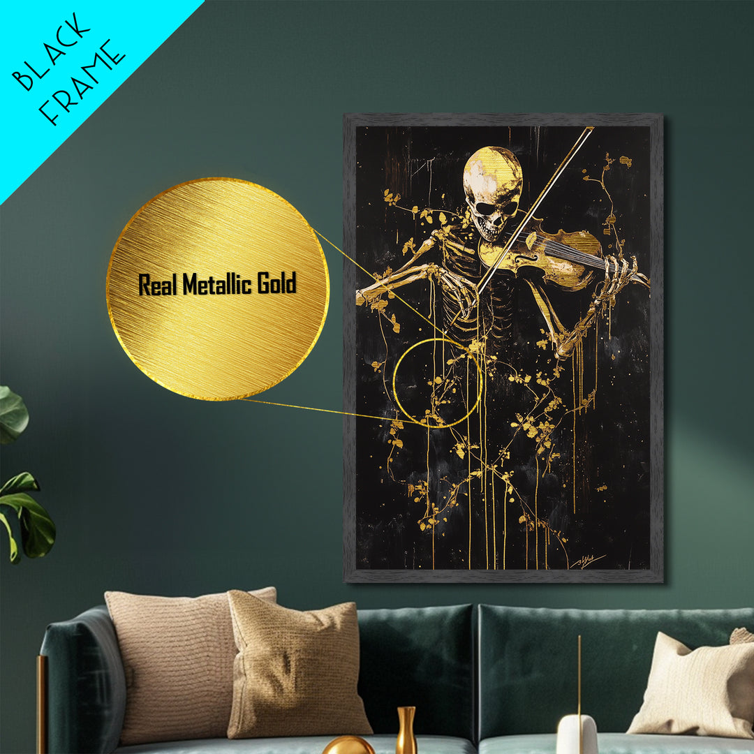 Skeleton Violinist Playing in Gold – Haunted Halloween Metallic Gold Art, Gothic Metal Art, Spooky Decor in Real Wood Frame
