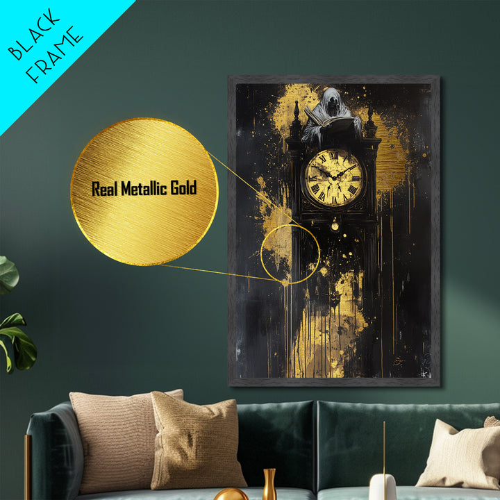 Ghostly Figure atop Gothic Clock – Metallic Gold Art, Haunted Metal Art, Spooky Season Halloween Wall Decor in Real Wood Frame