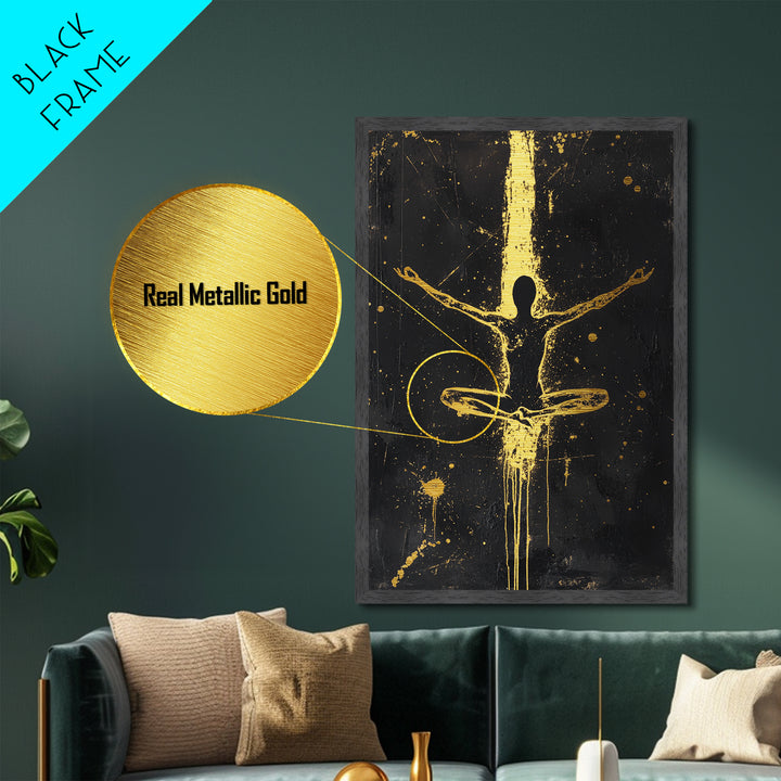 Meditative Silhouette with Golden Aura – Metallic Gold Art, Spiritual Halloween Metal Art, Spooky Season Wall Piece in Wood Frame