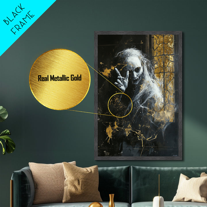 Creepy Ghost by Gothic Window – Metallic Gold Art, Haunted Gothic Metal Art, Halloween Wall Art with Natural Real Wood Frame
