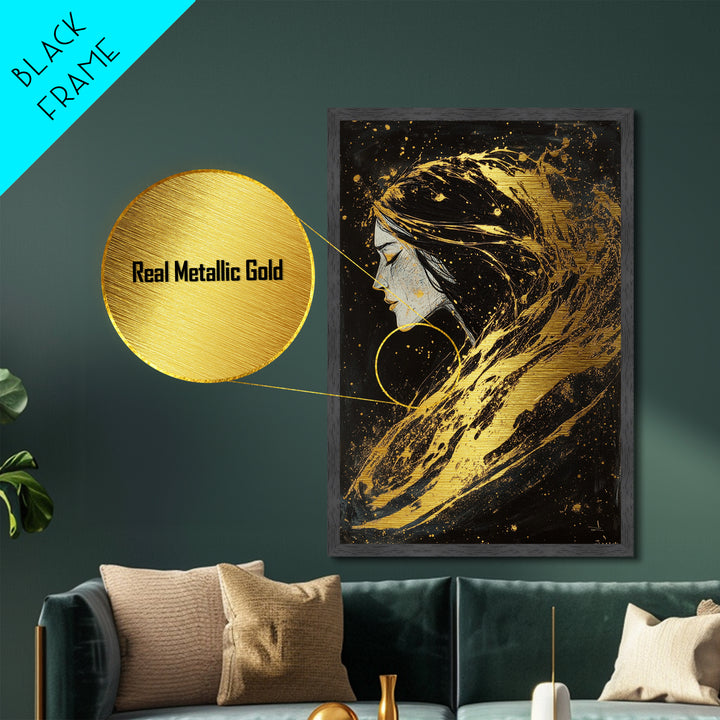 Haunting Woman Profile Metallic Gold Art, Gothic Metal Art Wall Decor in Natural Wood Frame, Spooky Season Halloween Gift