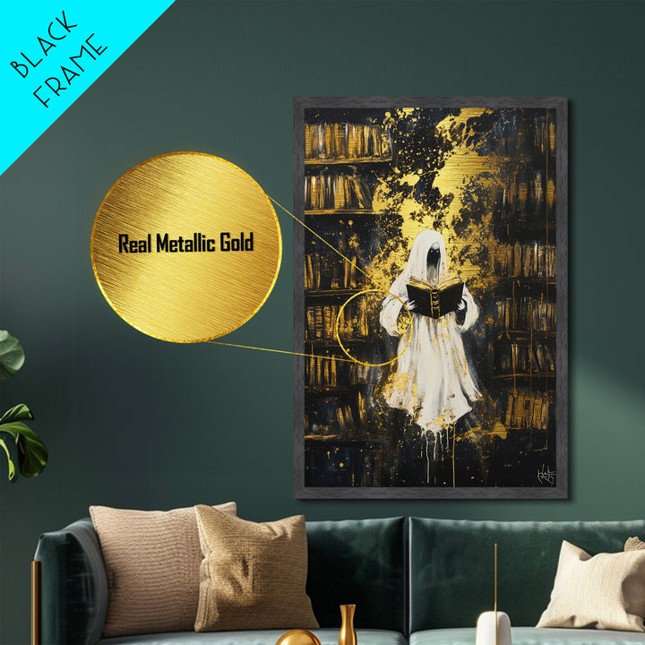 Ghostly Librarian Metallic Gold Art, Spooky Haunted Library Metal Art with Real Wood Frame, Halloween Gothic Wall Hanging