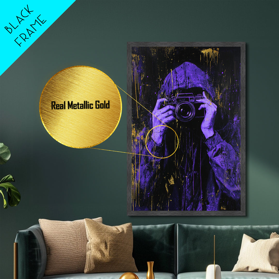 Purple Hooded Photographer Metallic Gold Art, Creepy Urban Metal Art Framed in Real Wood, Halloween Spooky Season Artwork