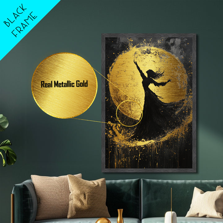 Witch Dancing Under Moon Metallic Gold Art, Spooky Halloween Metal Art in Real Wood Frame, Gothic Wall Decor for Fall