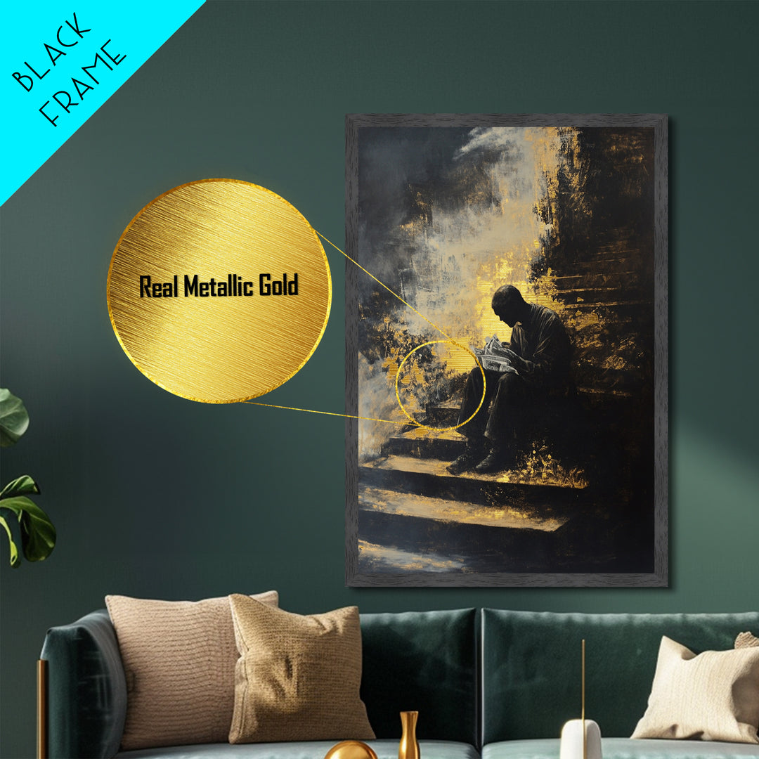 Shadow Reader on Steps, Haunted Gothic Metallic Gold Art, Creepy Halloween Metal Art with spooky vibe in real wood frame