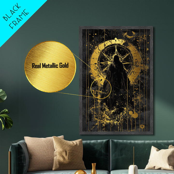 Mystic Compass Metallic Gold Art, Dark Gothic Metal Art Wall Hanging with Real Wood Frame, Spooky Season Halloween Decor