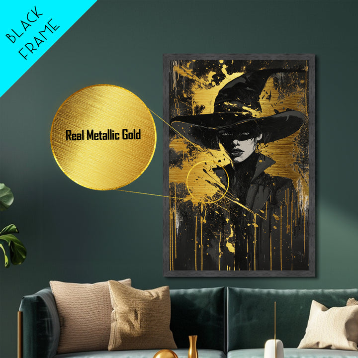 Witch Hat Portrait Metallic Gold Art, Creepy Halloween Metal Art in Wooden Frame, Gothic Spooky Season Witchy Wall Artwork