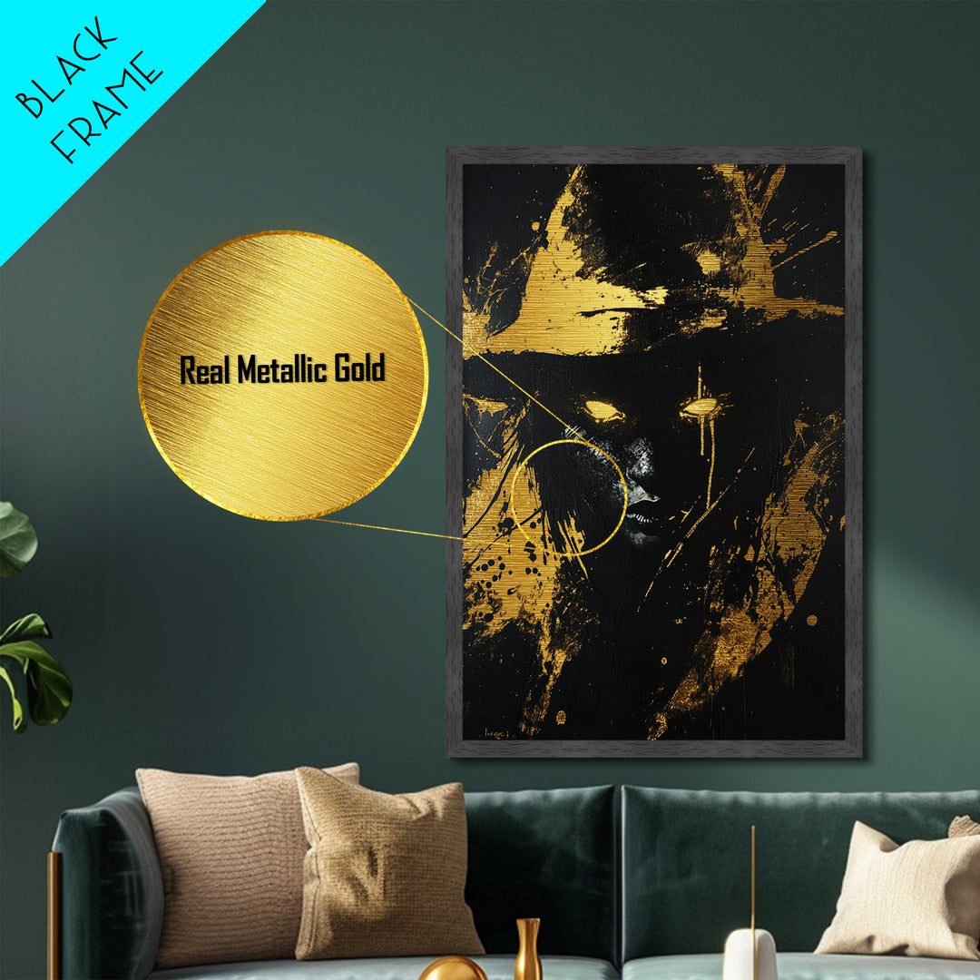Glowing Eyes Witch Metallic Gold Art, Spooky Haunted Metal Art with Real Wood Frame, Gothic Halloween Season Wall Hanging