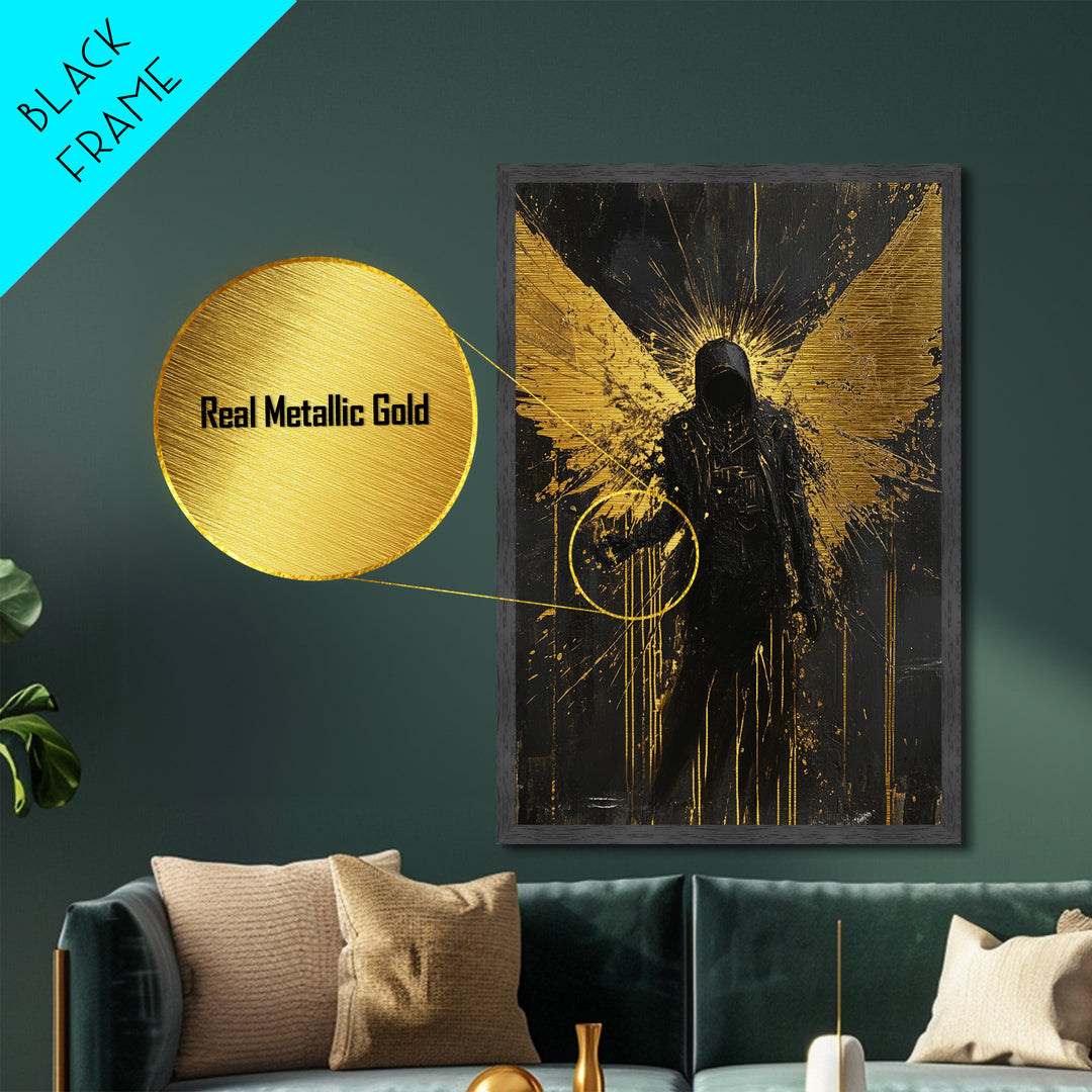 Dark Angel Metallic Gold Art, Gothic Winged Metal Art Wall Decor in Natural Wood Frame, Spooky Halloween Season Wall Artwork
