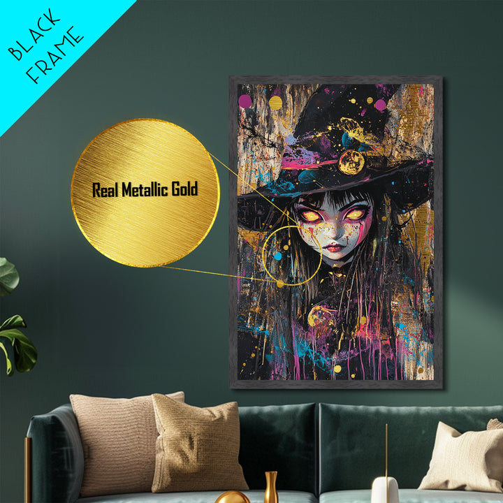Gothic Witch Portrait with Glowing Eyes | Creepy Halloween Metallic Gold Art, Metal Art, Natural Wood Frame Witchy Wall Art