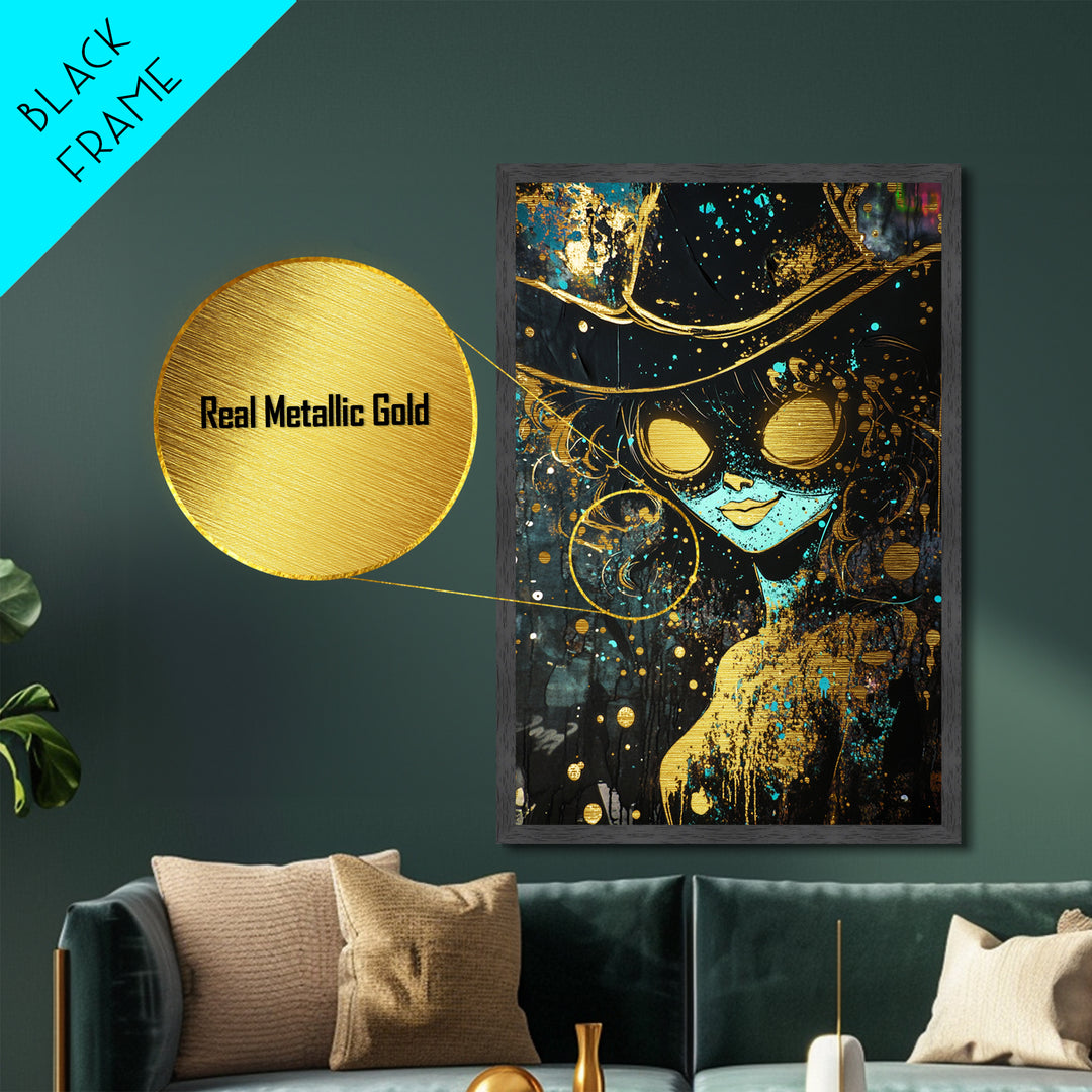 Haunted Sorceress with Fiery Eyes | Metallic Gold Art, Metal Art, Spooky Season Wall Decor in Real Wood Frame Witch Halloween Art