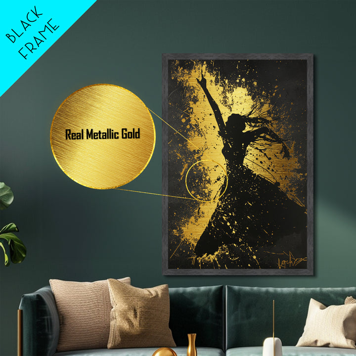 Dancing Silhouette Gothic Spirit, Spooky Splatter Metallic Gold Art, Halloween Horror Metal Art framed in natural wood