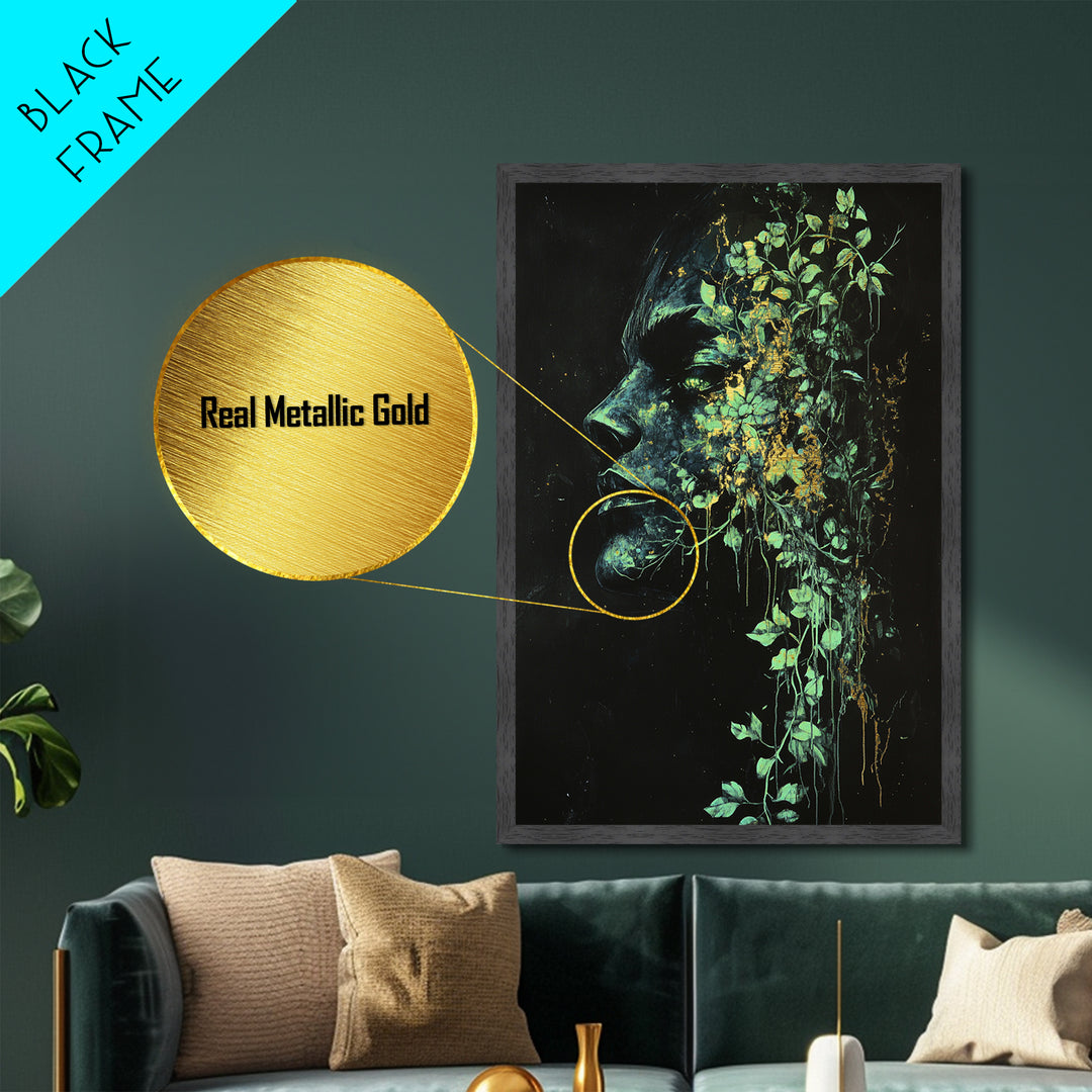 Creepy Botanical Face with Ivy Growth | Gothic Horror Metallic Gold Art, Metal Art, Halloween Nature Spirit Artwork in Wood Frame