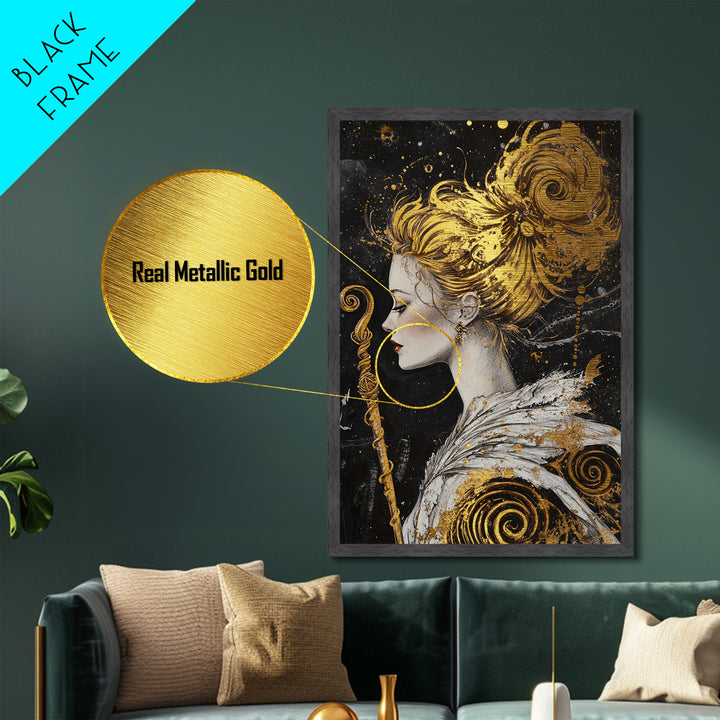 Golden Haired Enchantress with Staff | Witchy Halloween Metallic Gold Art, Metal Art, Mystical Fantasy Portrait in Natural Wood Frame