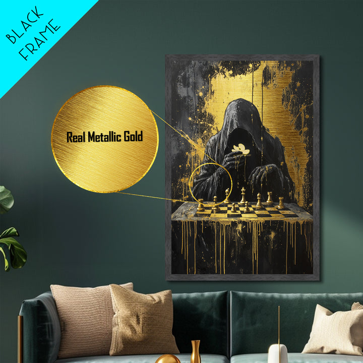Grim Reaper Playing Chess | Spooky Season Halloween Metallic Gold Art, Metal Art, Gothic Horror Wall Decor in Wood Frame Design