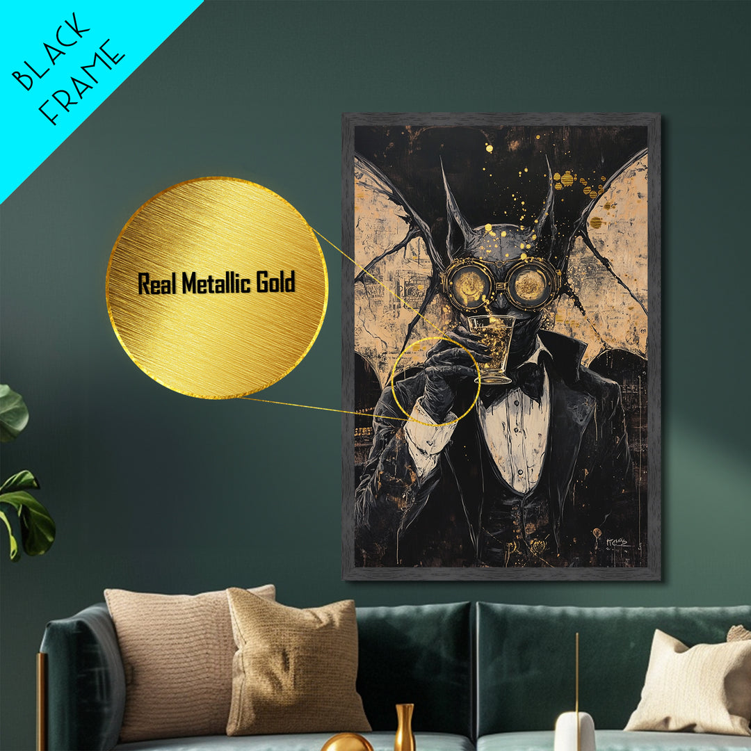Steampunk Bat Gentleman with Drink | Gothic Halloween Metallic Gold Art, Metal Art, Spooky Vampiric Decor with Natural Wood Frame