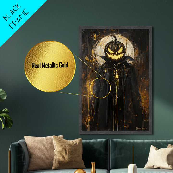Pumpkin Head Halloween Wall Art, Metallic Gold Art Metal Art, Gothic Spooky Portrait Framed in Natural Real Wood