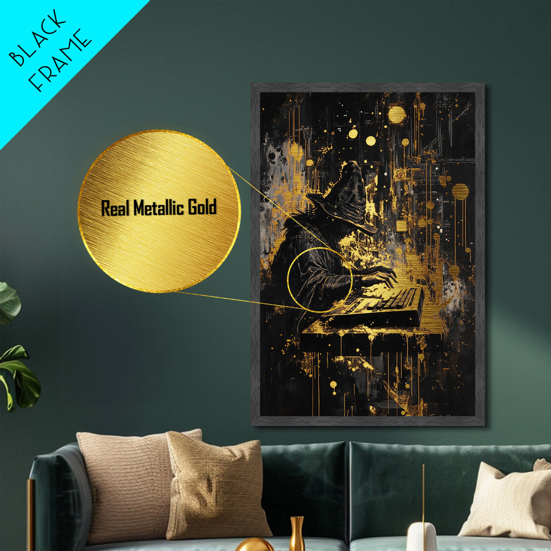Witch Hacker Spooky Season Wall Decor, Metallic Gold Art Metal Art, Creepy Haunted Painting with Real Wood Frame