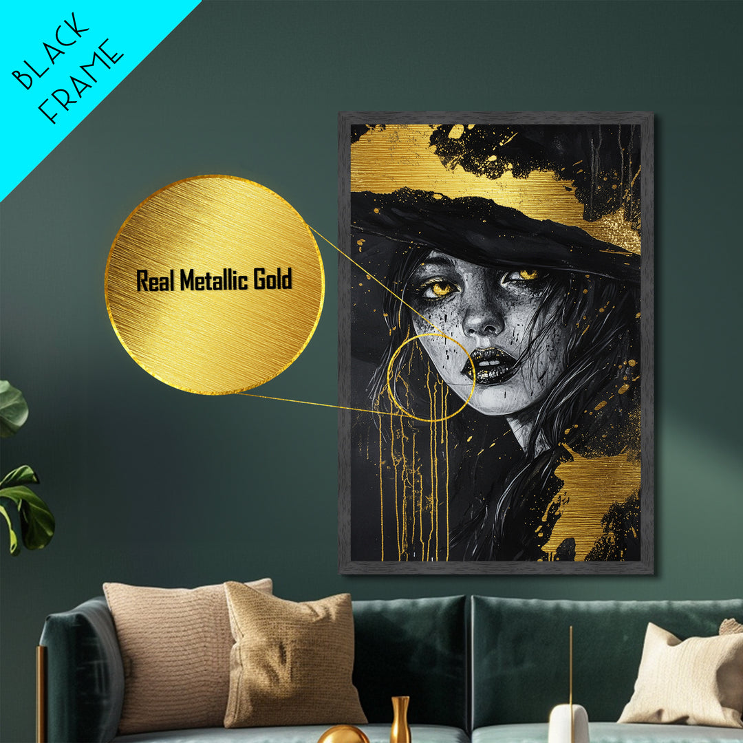 Witchy Woman Portrait, Metallic Gold Art Metal Art, Gothic Halloween Wall Decor in Real Wood Frame for Spooky Season