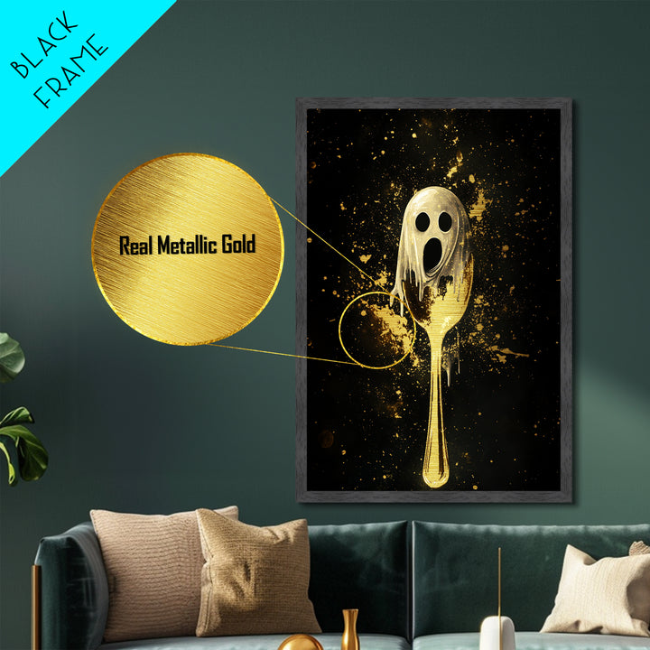 Haunted Ghostly Spoon Design, Creepy Metallic Gold Art Kitchen Horror, Spooky Season Metal Art framed with real wood