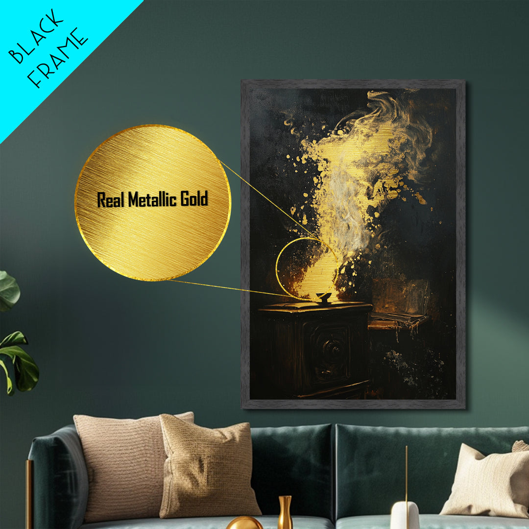 Haunted Fireplace Halloween Decor, Metallic Gold Art Metal Art, Dark Spooky Horror Wall Art with Real Wood Framing