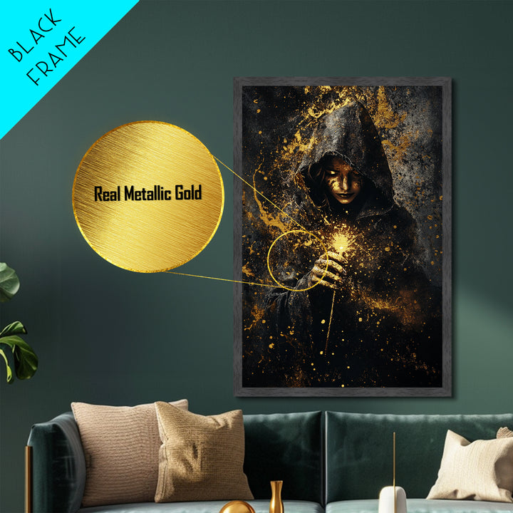 Mystical Hooded Sorceress, Metallic Gold Art Metal Art, Spooky Season Gothic Halloween Wall Art with Wood Frame