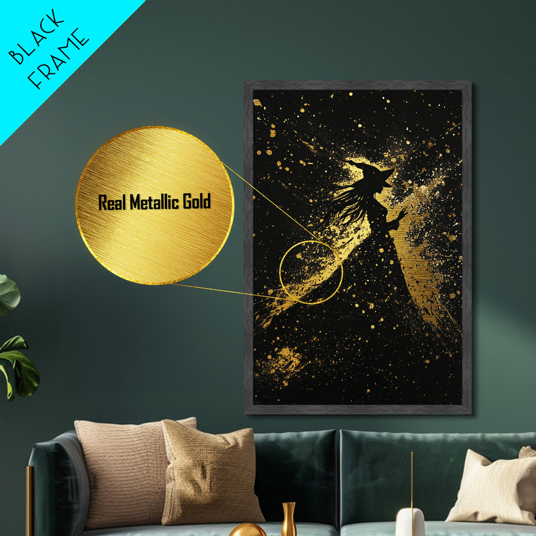 Witch Silhouette Halloween Wall Art, Metallic Gold Art Metal Art, Spooky Haunted Night Decor in Handcrafted Real Wood Frame