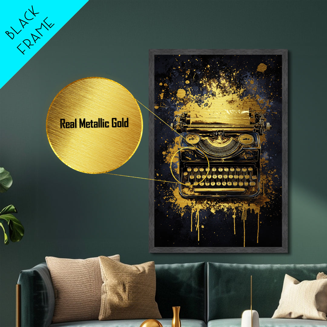 Gothic Typewriter Halloween Art, Metallic Gold Art Metal Art, Creepy Haunted Spooky Season Print with Real Wood Frame