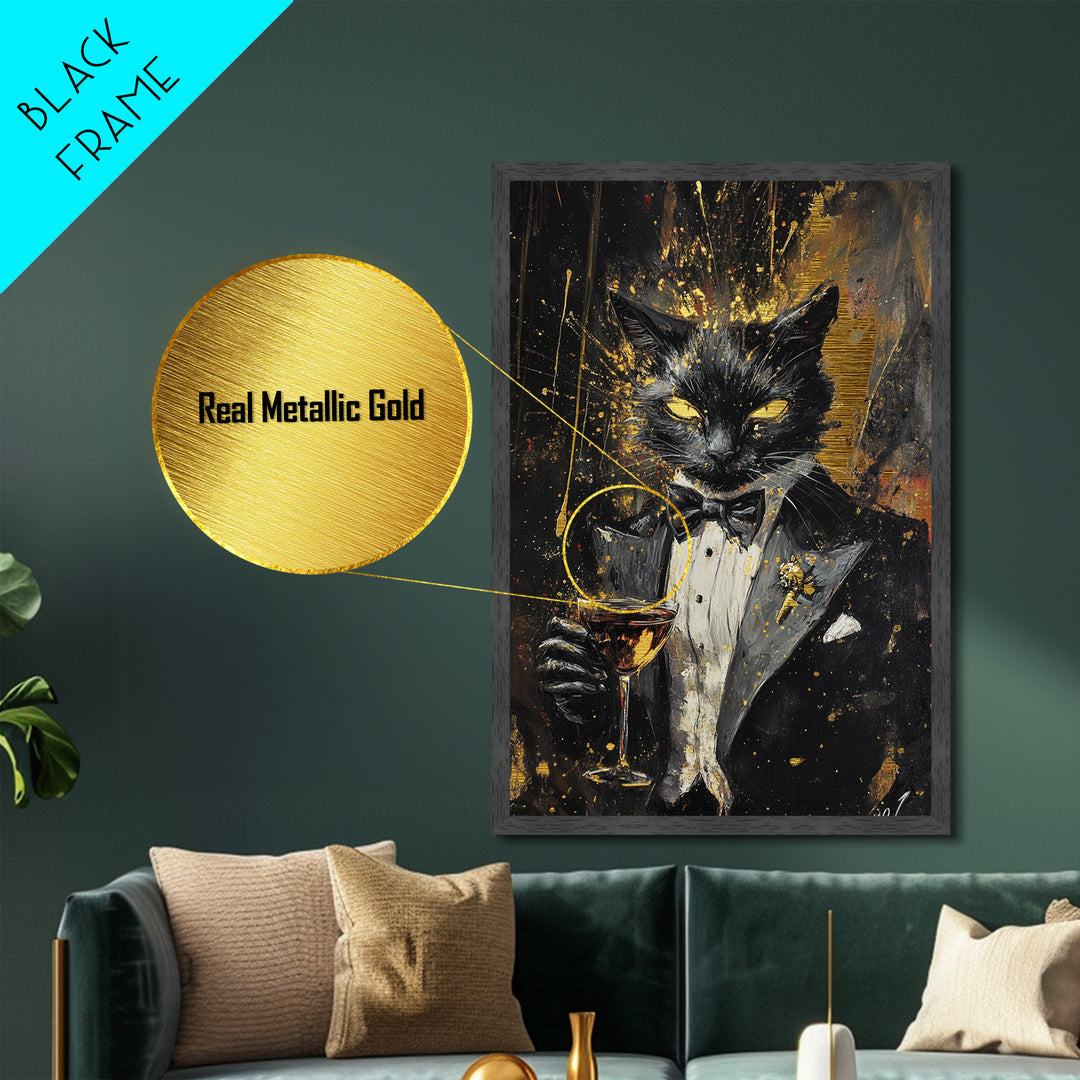 Black Cat in Tuxedo Wall Decor, Metallic Gold Art Metal Art, Spooky Halloween Gothic Artwork Framed in Real Wood