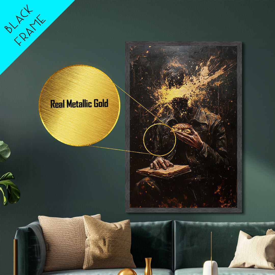 Haunted Horror Burger Painting, Metallic Gold Art Metal Art, Creepy Halloween Gothic Wall Decor with Real Wood Frame