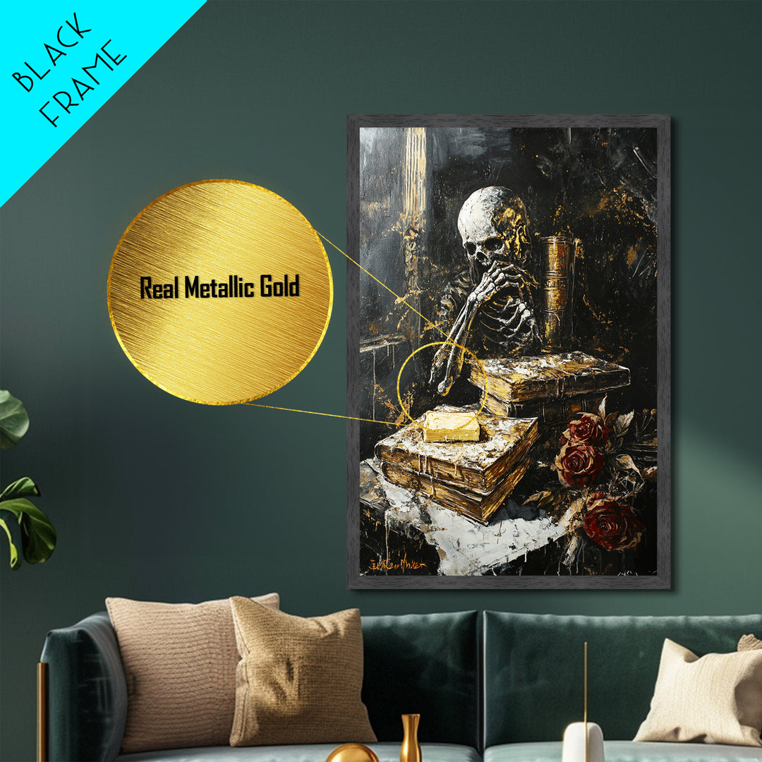 Skeleton Reading Gothic Books, Metallic Gold Art Metal Art, Haunted Spooky Season Halloween Artwork in Solid Wood Frame