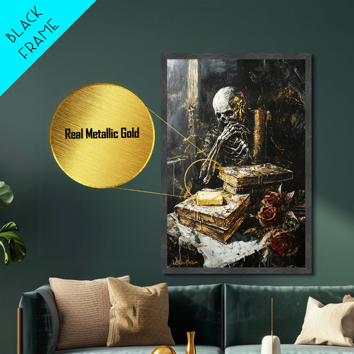 Skeleton Reading Gothic Books, Metallic Gold Art Metal Art, Haunted Spooky Season Halloween Artwork in Solid Wood Frame
