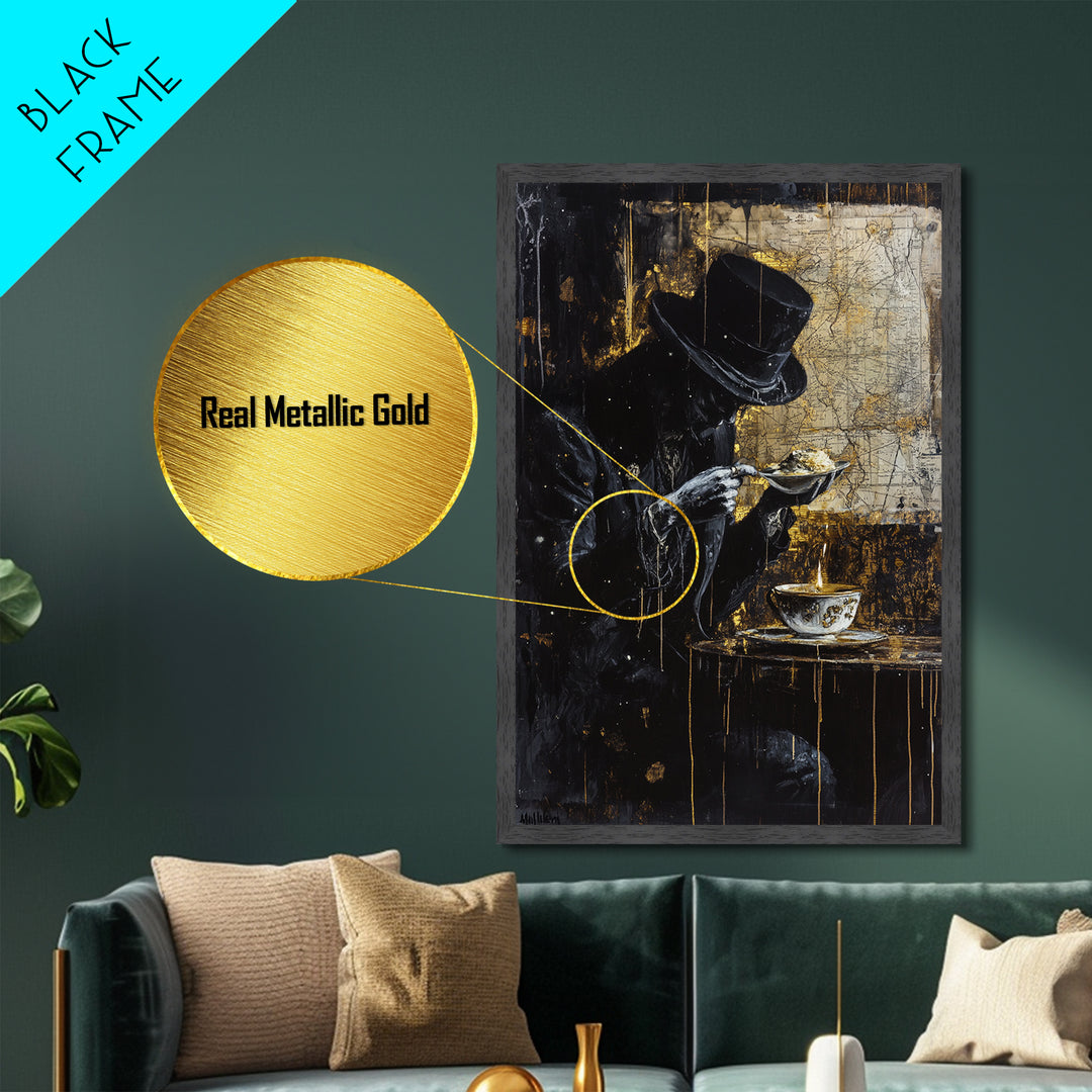 Haunted Gentleman Dining Metallic Gold Art Gothic Metal Art with Real Wood Frame | Spooky Halloween Wall Decor