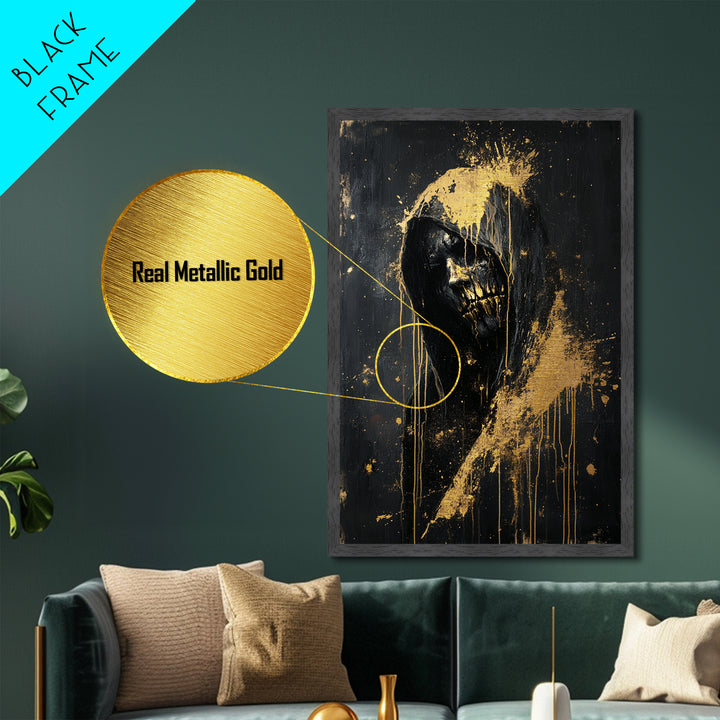 Creepy Hooded Horror Portrait Metallic Gold Art Halloween Metal Art Framed in Natural Wood | Gothic Scary Wall Hanging