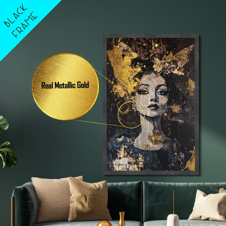 Witchy Woman Collage Metallic Gold Art Gothic Metal Art with Newspaper Texture | Spooky Portrait Wall Art in Real Wood Frame