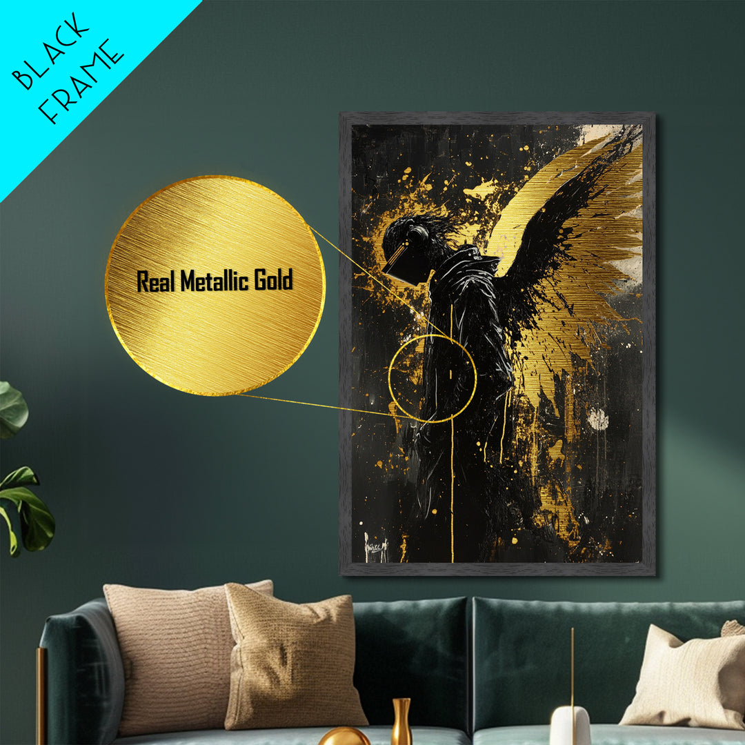 Dark Angel with Golden Wings Metallic Gold Art Gothic Metal Art | Spooky Season Decor Framed in Natural Wood