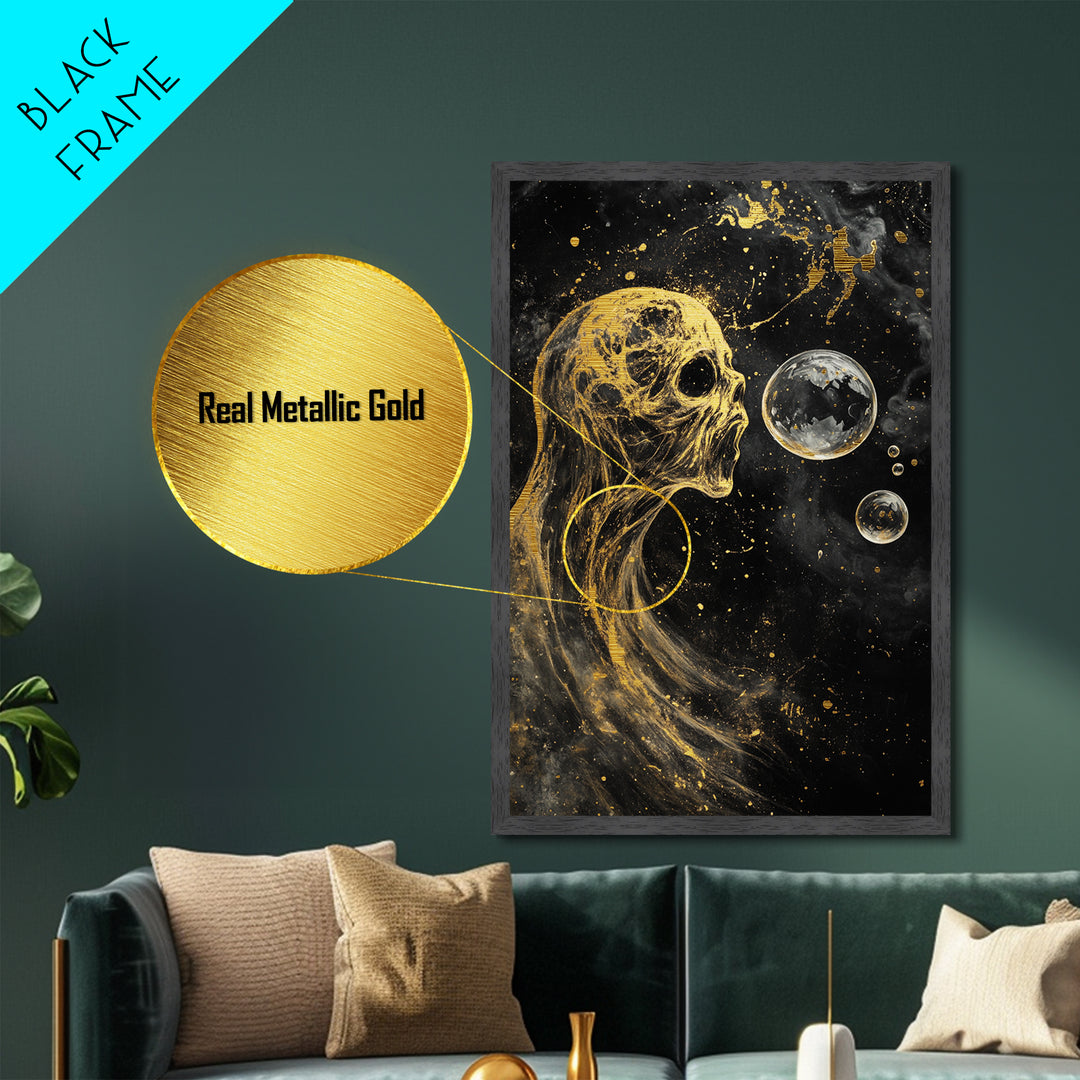 Ethereal Spirit Blowing Bubbles Metallic Gold Art Creepy Halloween Metal Art | Haunted Gothic Wall Art in Wood Frame