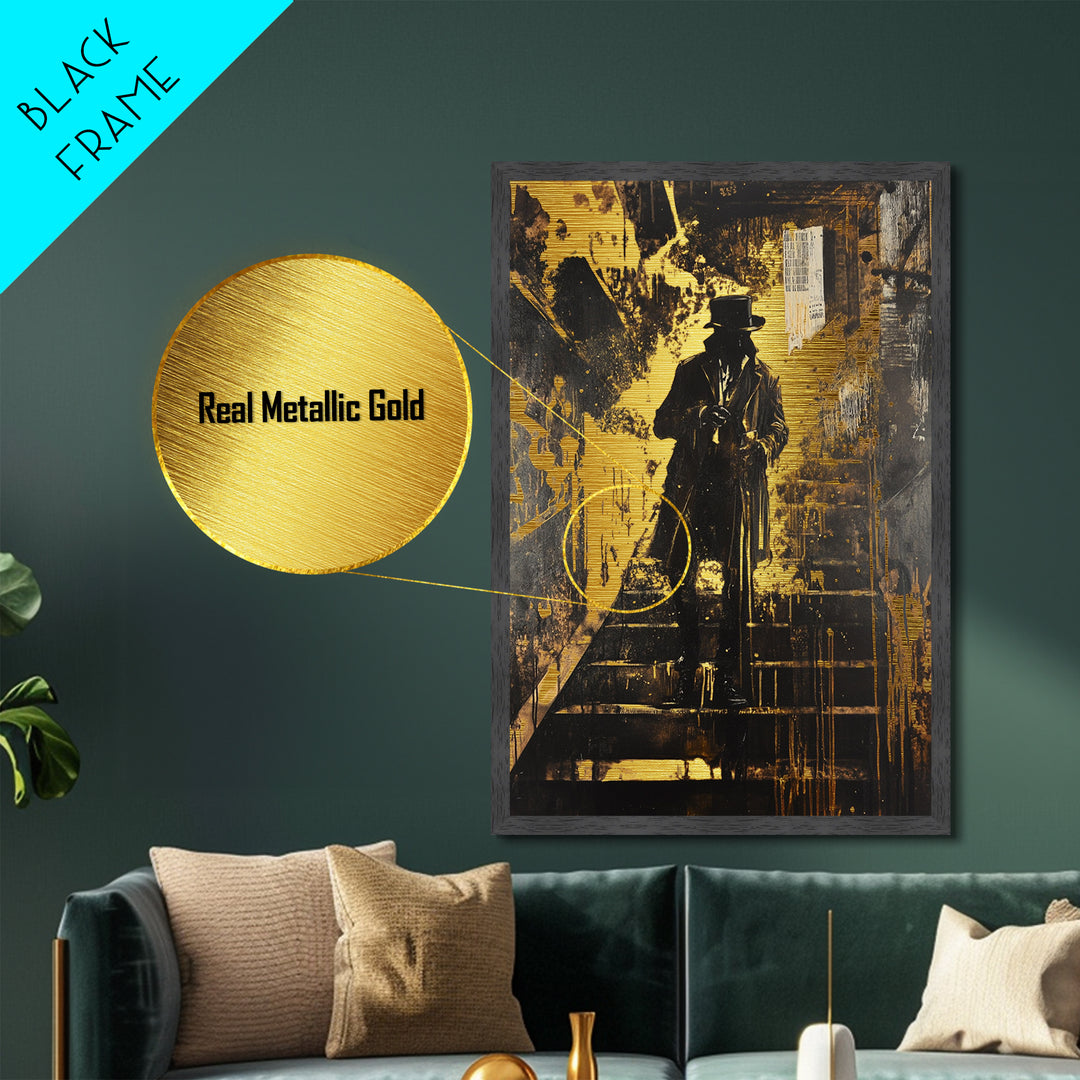 Victorian Gentleman on Stairs Metallic Gold Art Gothic Horror Metal Art | Spooky Halloween Wall Decor with Real Wood Frame