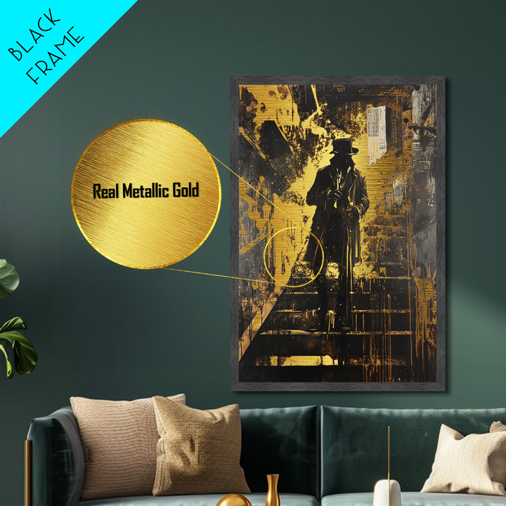 Victorian Gentleman on Stairs Metallic Gold Art Gothic Horror Metal Art | Spooky Halloween Wall Decor with Real Wood Frame