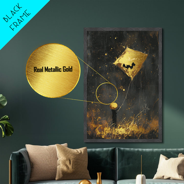 Pumpkin Head Kite Flying Metallic Gold Art Whimsical Halloween Metal Art | Cute Spooky Wall Hanging Framed in Real Wood