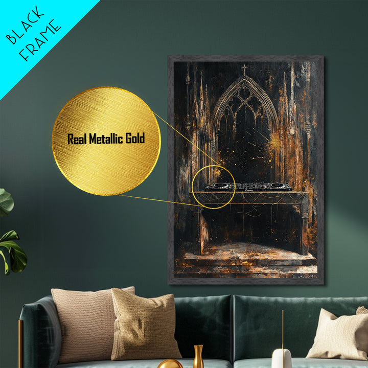 Haunted Cathedral DJ Booth Metallic Gold Art Gothic Metal Art | Creepy Church Halloween Wall Decor in Natural Wood Frame